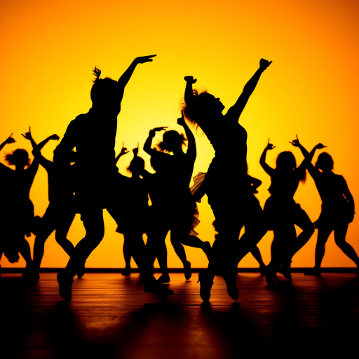 Create an energetic silhouette dance scene featuring multiple figures in dynamic poses, with a soft gradient background to enhance contrast, shot with a Canon EOS 5D Mark IV, 50mm lens, f/2.8 aperture, ISO 100, shutter speed 1/200s, natural lighting for a lively atmosphere.