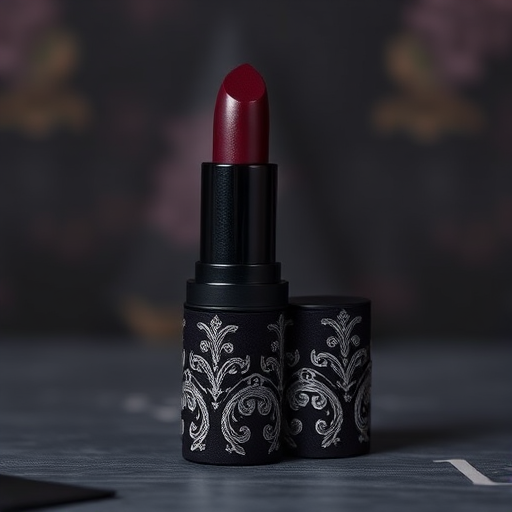Matte deep plum lipstick with intricate silver filigree designs, named "Gothic Romance," boasting long-lasting wear and a velvety texture, ideal for dramatic evening ensembles