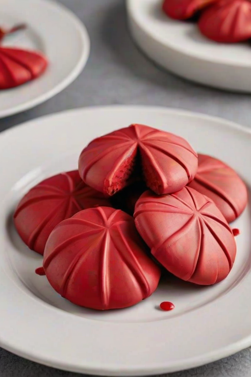 Generate an image of vibrant red meringue cookies shaped like teardrops, some whole and one cut in half to reveal a fluffy white interior and a chocolate center. The cookies should be arranged on a neutral-colored plate, with a soft, light background and minimalistic styling.