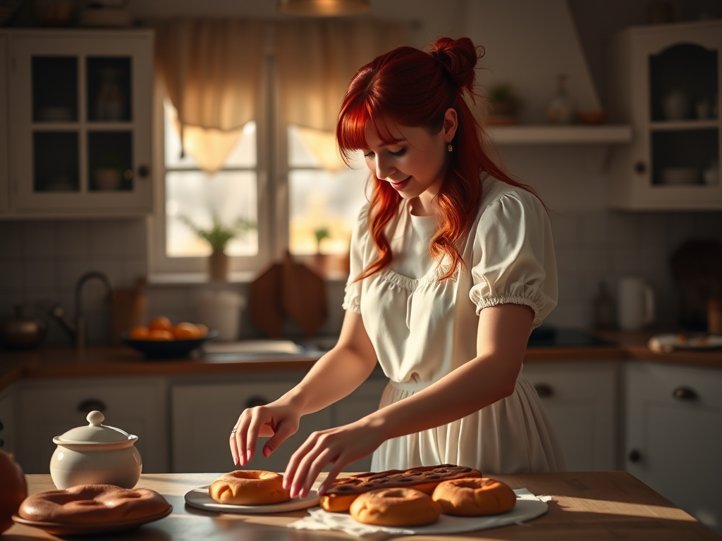 Soft, warm lighting in a cozy kitchen with a red-haired woman in a white dress arranging pastries on a table, captured with a Canon EOS R5, 50mm lens, f/1.8, ISO 100, natural light, shallow depth of field, high dynamic range.