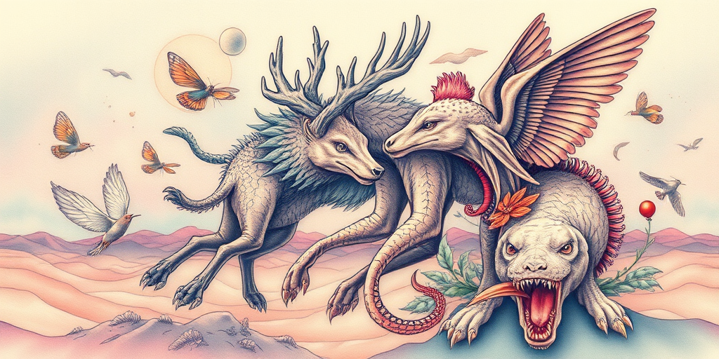 Surrealist tattoo concept named "Metamorphosis Dreams" featuring morphing animals and natural elements blending seamlessly in a dreamlike landscape with soft pastel color gradients