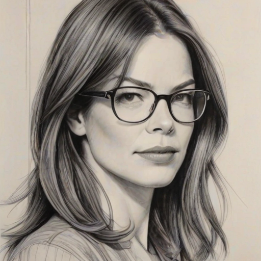 Elegant Michelle Monaghan, pencil sketch, portrait of Comely woman 1979s in glasses, hair style beatnik, outline, clear lines, fine lines, 8k