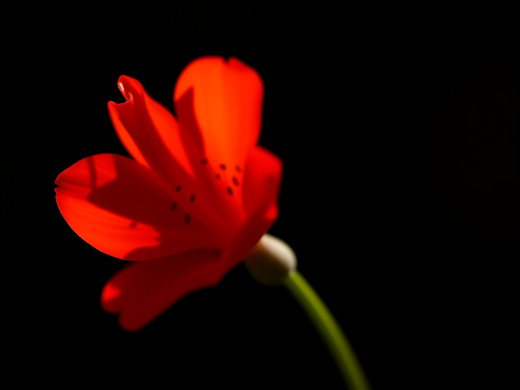 close-up shot of a vibrant red flower against a dark background with soft lighting, shallow depth of field, macro lens, aperture f/2.8, ISO 100, 100mm focal length, tripod mounted, natural light