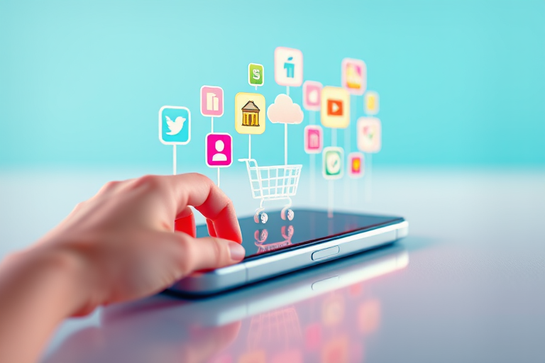 Create a 3D rendered image of a smartphone interacting with shopping icons including a hand tapping a virtual cart, featuring bright colors and a clean background, use a shallow depth of field, set the aperture to f/2.8, ISO 100, shutter speed 1/100s, with a perspective view and soft lighting to enhance details and give it a vibrant, modern look.