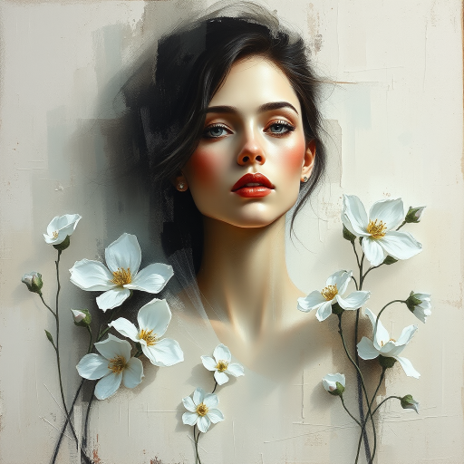 An ethereal woman emerges from a textured canvas, a modern abstract portrait shrouded in delicate mystery. Bold, expressive brush strokes, dynamic interplay of light and shadow. whites and creams, sense of purity and timelessness. Floral motifs bloom around her