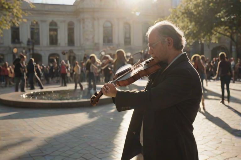 Clear, high-resolution shot of a street performer playing violin in a busy plaza, sunlight glinting off the instrument, people walking by, some stopping to listen, a fountain in the background, the sound of the violin filling the air.