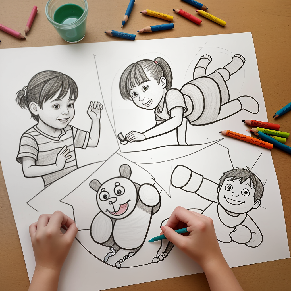 Children Engaged in Creative Coloring Activity with Fun Cartoon Characters
