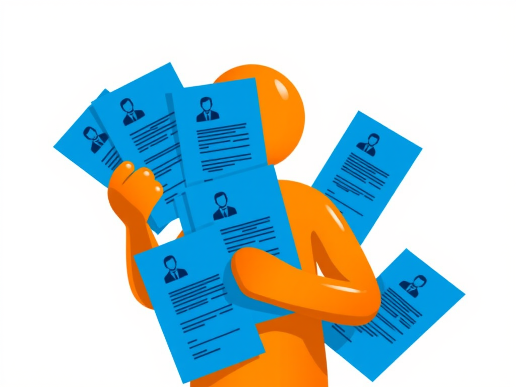 Create an illustration of a stylized orange figure holding multiple blue resumes, with a clean, minimalistic background, captured with a Canon EOS 5D Mark IV, 50mm lens, f/2.8 aperture, ISO 100, shot in natural light to enhance detail and color vibrancy.