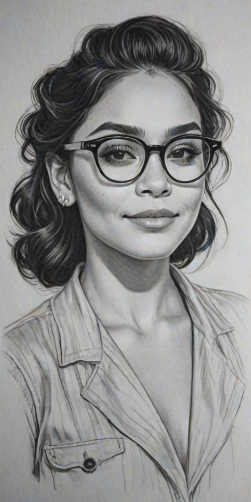 Wonderful Vanessa Hudgens, pencil sketch, portrait of Resplendent woman 1937s in glasses, hair style beatnik, outline, clear lines, fine lines, 8k