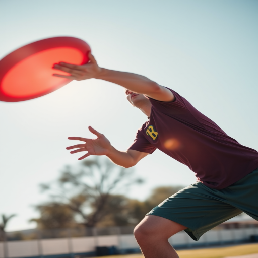 Create a high-resolution image of a dynamic athlete in action throwing a frisbee, using a DSLR camera with a 50mm lens, f/1.8 aperture, ISO 200, shot from a low angle to emphasize movement, in bright outdoor lighting.