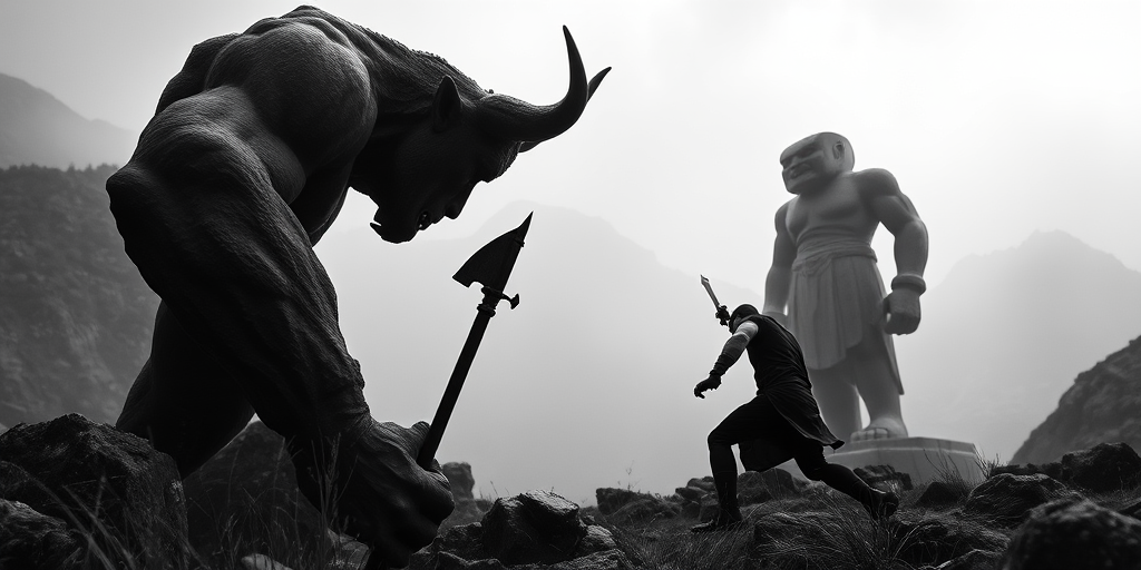 Create a dramatic black and white image of a muscular bull-headed warrior engaging a giant stone figure in a foggy mountain landscape with soft lighting, using a DSLR camera with a 50mm lens at f/2.8, ISO 100, and a low-angle perspective to enhance depth and detail.