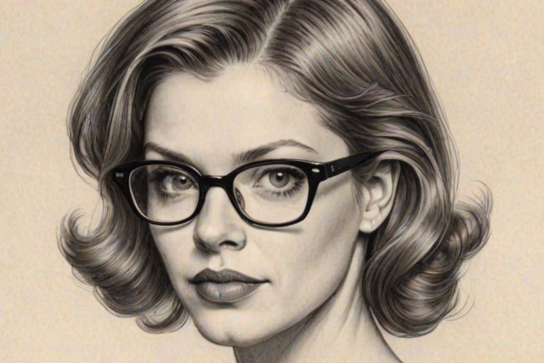 Magnificent Amber Benson, pencil sketch, portrait of Alluring woman 1952s in glasses, hair style beatnik, outline, clear lines, fine lines, 8k