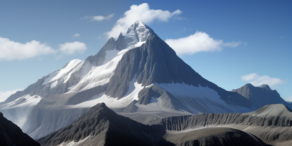 Majestic Snow-Capped Mountain Peak Against a Clear Blue Sky Background.