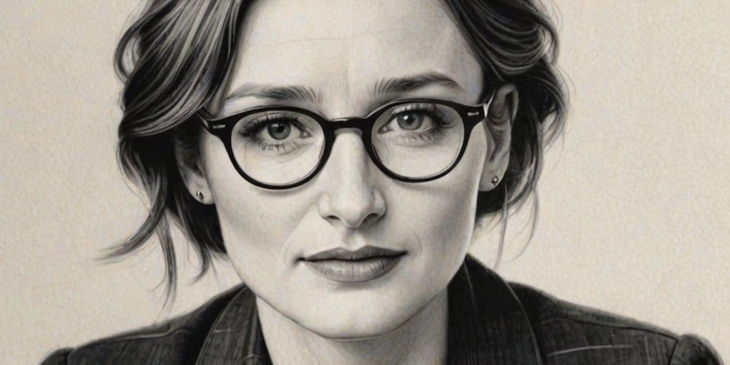 Elegant Emily Mortimer, pencil sketch, portrait of Dazzling woman 1949s in glasses, hair style beatnik, outline, clear lines, fine lines, 8k