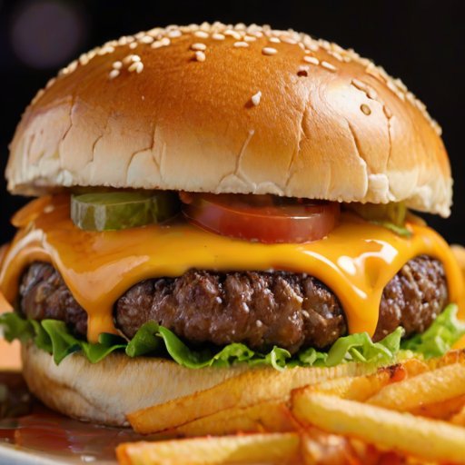 High-resolution, close-up image of a gourmet double cheeseburger. The burger features a glossy, sesame-seed-topped brioche bun. Inside, there are two thick, juicy beef patties, each topped with melted cheddar cheese. The burger is garnished with fresh lettuce, tomato slices, diced onions, and pickles. A generous amount of ketchup and a creamy, orange-colored sauce is dripping down the sides, adding to the mouth-watering appeal. In the background, there are blurred elements including a side of golden French fries and a hint of a beverage, enhancing the overall presentation of a delicious meal.