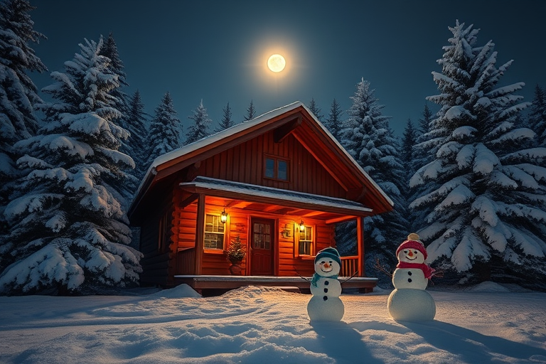 Create a winter scene with a cozy wooden cabin surrounded by snow-covered pine trees, two cheerful snowmen wearing hats, a bright full moon in the night sky, captured with a Canon EOS R5, 24mm lens, f/4 aperture, ISO 100, in a wide-angle view to enhance depth and clarity.