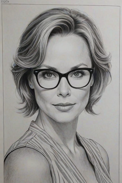 Resplendent Melora Hardin, pencil sketch, portrait of Gorgeous woman 1965s in glasses, hair style beatnik, outline, clear lines, fine lines, 8k