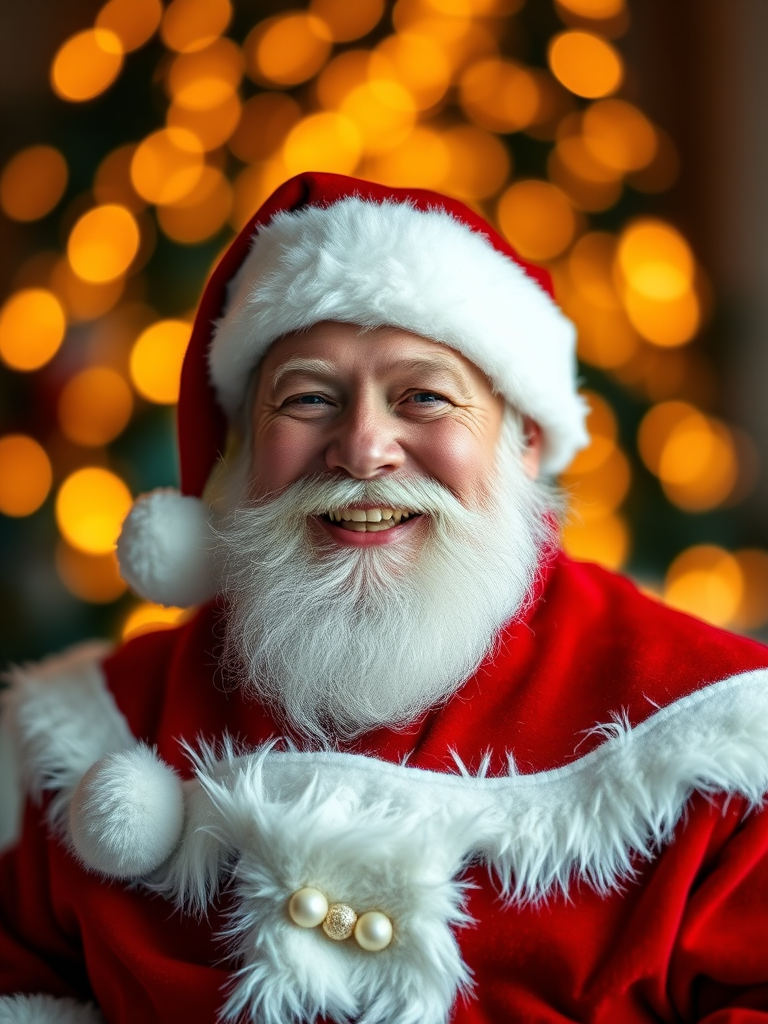 Portrait of Santa Claus with a joyful expression, wearing a classic red suit with white fur trim, soft bokeh background with warm golden lights, shot with a 50mm f/1.8 lens, ISO 200, aperture f/2.8, shutter speed 1/100s, in natural light for enhanced image clarity, DSLR camera.