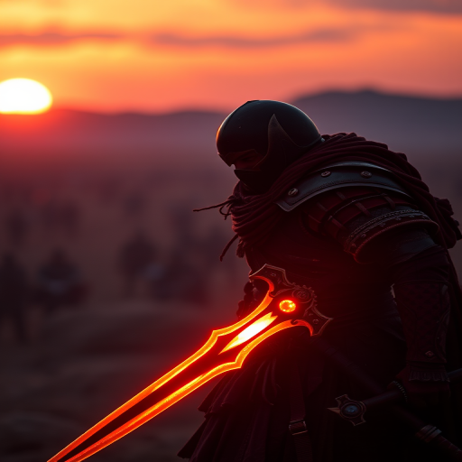 Create a fantasy warrior scene at sunset, featuring a silhouette of a warrior holding a glowing sword, with a blurred battlefield in the background, use a Canon EOS R5, 50mm lens, f/1.8 aperture, ISO 100, shutter speed 1/200s, with dramatic lighting and rich colors to enhance the fiery glow of the sword.