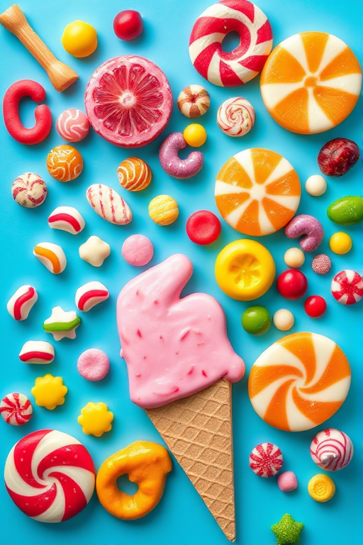 Create a vibrant and colorful illustration of various candies and ice creams on a bright blue background, using a Canon EOS 5D Mark IV with a 50mm lens, aperture f/2.8, ISO 100, shoot from a top-down view for clarity and detail, in a flat lay style.
