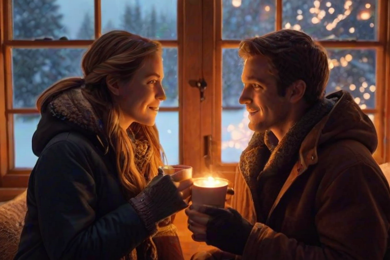 Warmly lit image of a couple sipping hot cocoa by a snow-covered window, soft glow from a nearby fireplace casting warm shadows, with snowflakes gently falling outside.