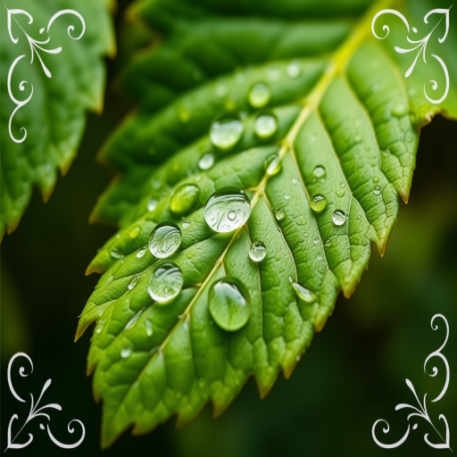 capture a close-up of a fresh green grape leaf with raindrops glistening in natural light, using a macro lens at f/2.8, 1/200s exposure, ISO 100, shot from a slightly elevated angle to highlight texture and detail, with a shallow depth of field to blur the background, emphasizing the leaf and adding a soft focus effect on decorative elements in the corners