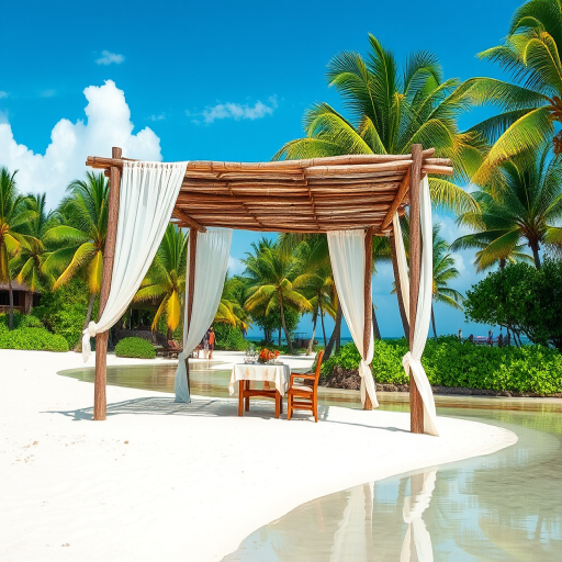 Create a picturesque tropical beach scene featuring a serene, white sandy shore. In the foreground, there's a rustic wooden canopy with white drapes gently flowing in the breeze. Underneath the canopy, a table is set with tropical decor, evoking a sense of relaxation and leisure. The beach extends into a calm, shallow water area with reflections of the sky and surroundings. Palm trees and lush greenery line the edge of the beach, providing a natural, tropical backdrop. The sky is clear with a few scattered clouds, and the overall atmosphere is tranquil and inviting, perfect for a peaceful retreat.