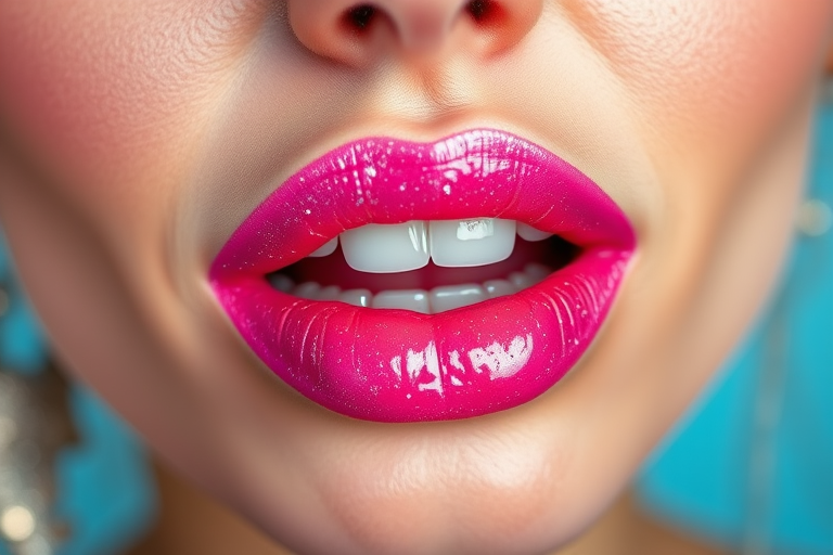 Playful "Bubblegum Pop" lip style features a vibrant, glossy pink shade with holographic sparkles, reminiscent of retro candy and perfect for adding a fun, youthful touch to any look