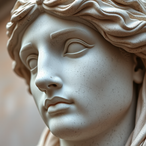Create a hyper-realistic close-up of a classic statue with detailed facial features, using a Canon EOS R5 camera with an 85mm f/1.2 lens, aperture set to f/1.2 for a shallow depth of field, ISO 100, and a soft natural light setting to enhance textures and contrasts.