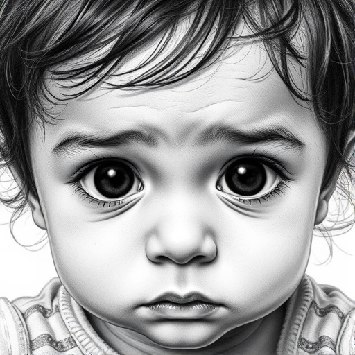 A hyperdetailed photorealistic black and white sketch of a beautiful toddler with deep black eyes, with a macro focus