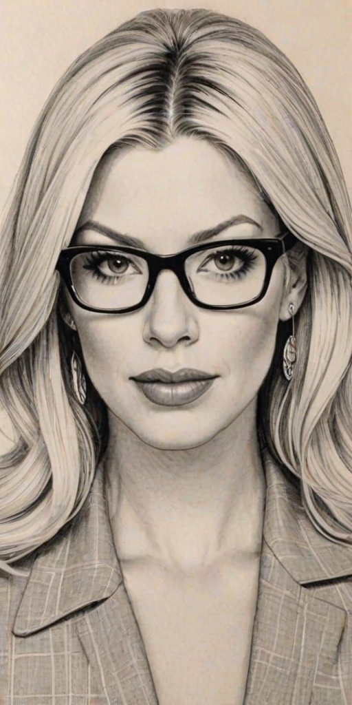 Comely Tori Spelling, pencil sketch, portrait of Fascinating woman 1949s in glasses, hair style beatnik, outline, clear lines, fine lines, 8k