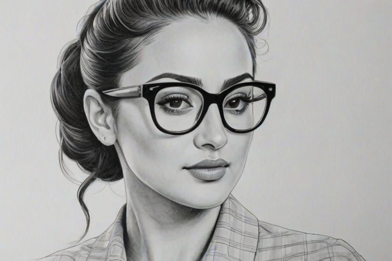 Graceful Francia Raisa, pencil sketch, portrait of Dazzling woman 1945s in glasses, hair style beatnik, outline, clear lines, fine lines, 8k