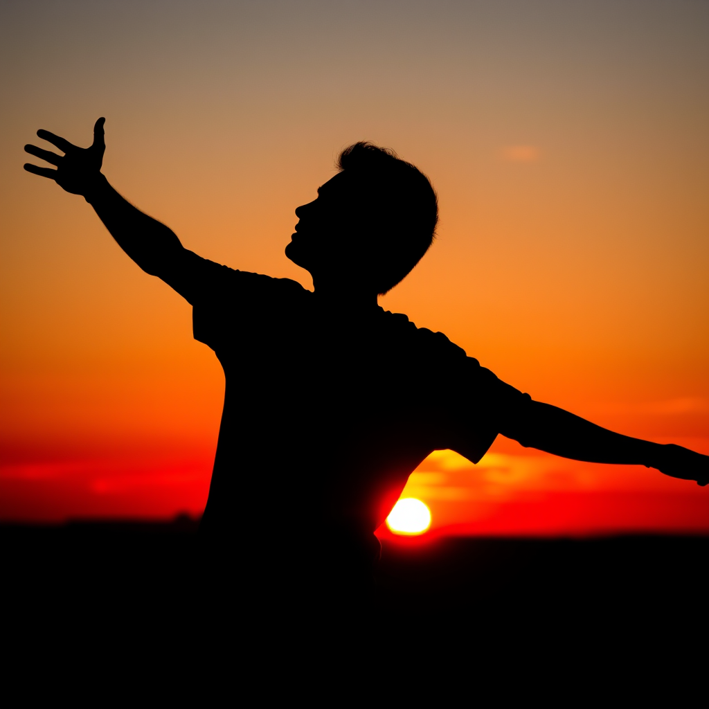 Generate a silhouette of a person with an outstretched arm against a vibrant sunset, capturing the warm colors of oranges and reds, using a Canon EOS 5D Mark IV, 35mm lens, f/8 aperture, ISO 100, and a 1/200s shutter speed for optimal clarity.