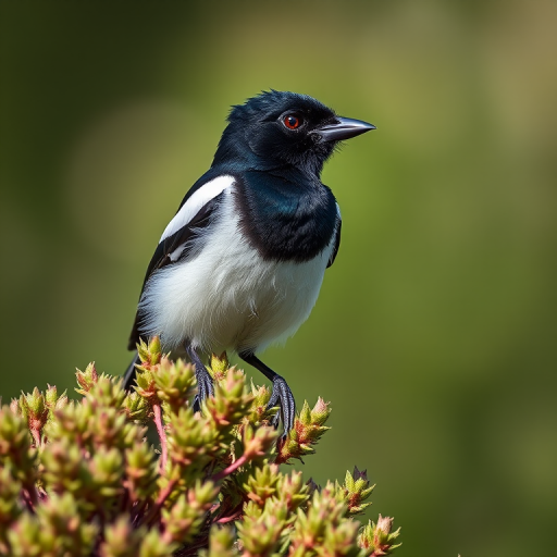 Close-up of a magpie perched on a shrub, with sharp focus on feathers, 85mm lens, aperture f/2.8, ISO 200, natural light, slight bokeh in the background, taken with a DSLR camera.