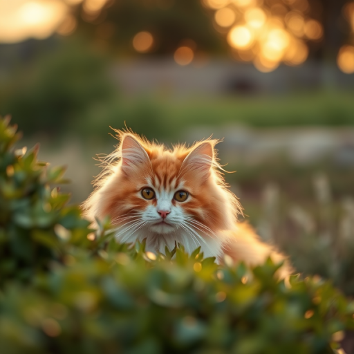 Generate a high-quality image of a fluffy orange and white cat peeking out from behind a bush in a well-lit outdoor setting during golden hour, camera settings: f/2.8, ISO 200, shutter speed 1/100s, camera view: eye-level, camera style: natural light, camera type: DSLR.