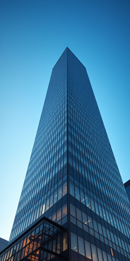 high-angle view of a modern skyscraper with a reflective facade under a clear blue sky, using a DSLR camera at f/8 aperture, 1/200 second shutter speed, ISO 100, wide-angle lens, HDR photography style to enhance details and colors