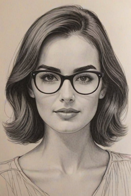 Wonderful Camilla Belle, pencil sketch, portrait of Enchanting woman 1951s in glasses, hair style beatnik, outline, clear lines, fine lines, 8k