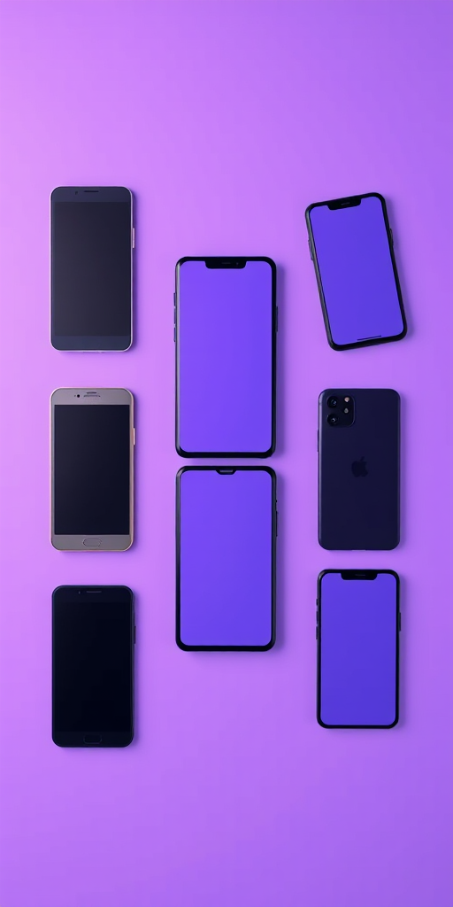 Create a high-resolution image of several smartphones with a gradient background of purple hues, using a 50mm lens, f/2.8 aperture, ISO 100, 1/125s shutter speed, top-down view, DSLR camera style, and soft lighting to enhance image quality.
