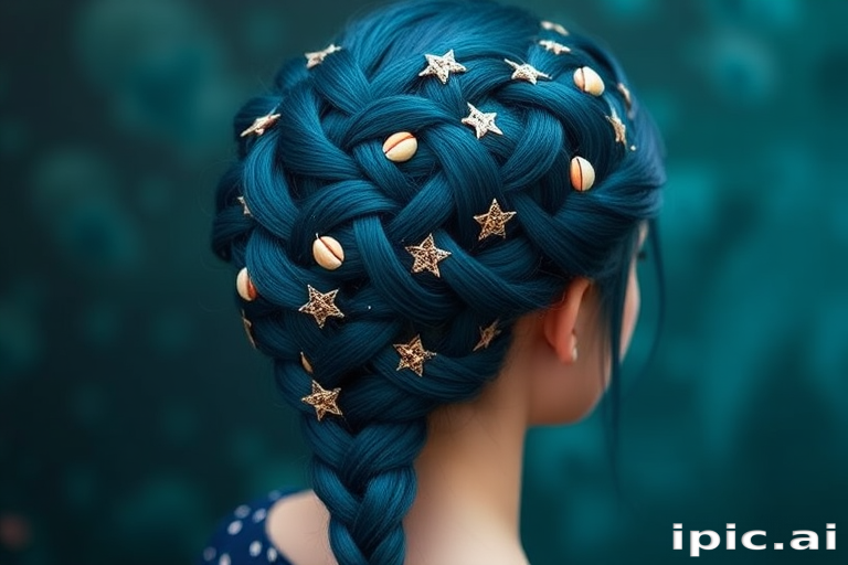 Bewitching Midnight Blue Mermaid Braid styled into an intricate fishtail plait, adorned with tiny seashells and starfish-shaped clips for an enchanting underwater-inspired look