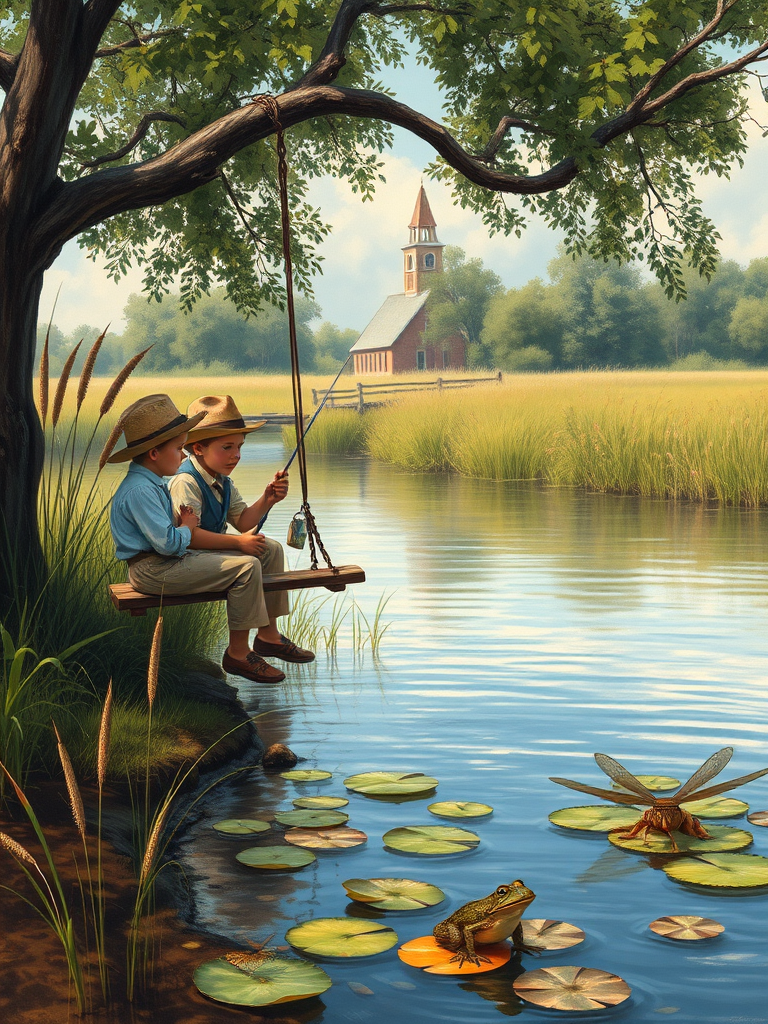 Imagine a small group of old fashioned young boys out fishing by the creek, a swing hanging from a tree branch, reeds and grasses by the water's edge, a frog sitting on a lily pad, dragonflies hovering over som water plans, a very iconic old fashioned scene reminiscent of a Norman Rockwell painting style