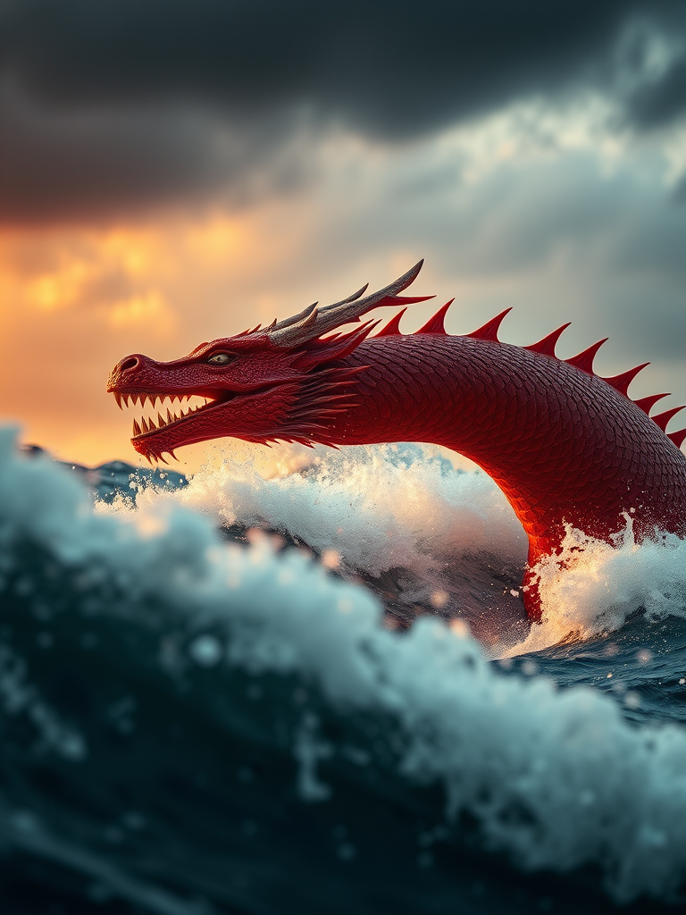 capture a dramatic image of a fierce red dragon with intricate scales and a fierce expression emerging from tumultuous waves under a moody sky, golden hour lighting, shot with a Canon EOS R5 at f/2.8, ISO 100, 50mm lens, using a low angle for a dynamic perspective and enhanced detail
