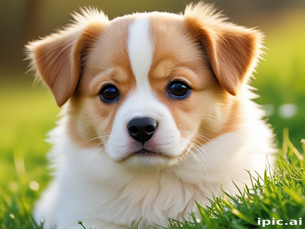 A Cute Puppy with Fluffy Fur Sitting in a Green Field.