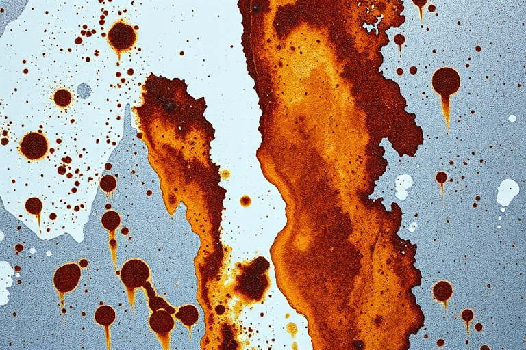 Generate a highly detailed, close-up image of an abstract textured surface featuring rust-like elements and contrasting white and gray areas, taken with a DSLR camera, 50mm lens, f/2.8 aperture, ISO 100, in natural light for enhanced color accuracy and texture clarity.