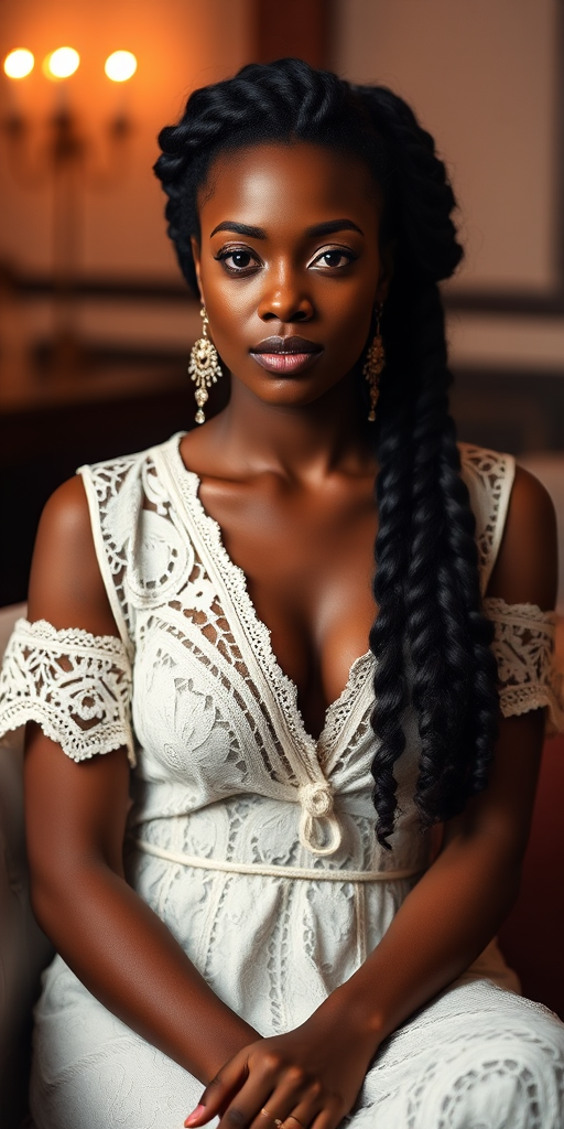 Create a portrait of a refined and elegant Amhara woman seated in a sophisticated setting. She has long, wavy hair styled in two thick braids that are pulled over her shoulders. She wears a white, lace gown with intricate patterns, featuring a deep V-neckline and short sleeves. The dress exudes a vintage charm with its delicate lacework. She is adorned with ornate, dangling earrings that add a touch of glamour to her appearance. The background is softly lit, with warm, ambient lighting that creates a cozy and inviting atmosphere. Her expression is poised and serene, capturing a sense of grace and elegance.