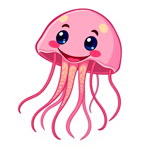 Create a vibrant illustration of a cartoon jellyfish with a happy expression, using a Canon EOS R5 with a 50mm lens, aperture f/2.8, ISO 100, shot in a bright studio setting to enhance colors and details.