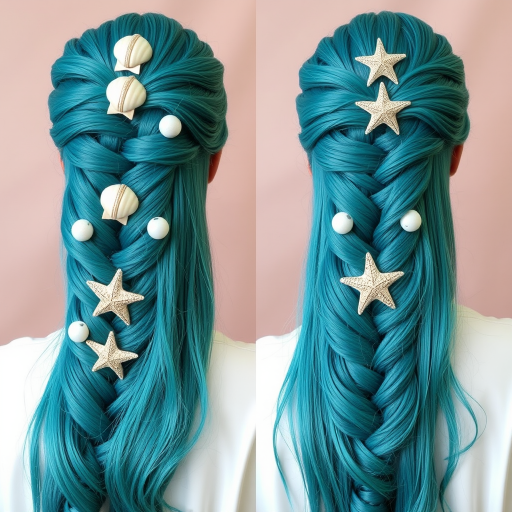 Majestic teal mermaid braid called Oceanic Crown incorporating an elaborate five-strand plait adorned with iridescent seashells and starfish-shaped hair clips for a regal underwater-inspired look