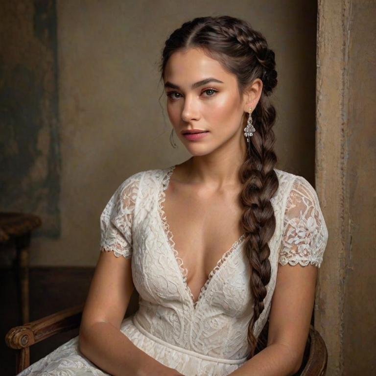 Create a portrait of a refined and elegant Ashkenazi woman seated in a sophisticated setting. She has long, wavy hair styled in two thick braids that are pulled over her shoulders. She wears a white, lace gown with intricate patterns, featuring a deep V-neckline and short sleeves. The dress exudes a vintage charm with its delicate lacework. She is adorned with ornate, dangling earrings that add a touch of glamour to her appearance. The background is softly lit, with warm, ambient lighting that creates a cozy and inviting atmosphere. Her expression is poised and serene, capturing a sense of grace and elegance.
