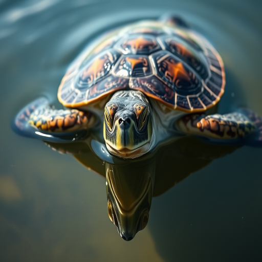 Regenerate a close-up image of a turtle swimming in calm water, captured with a DSLR camera at 50mm focal length, aperture set to f/2.8 for a shallow depth of field, ISO 200, natural lighting, in vivid color to enhance the texture of the turtle's shell and reflections in the water.