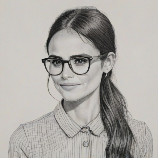 Appealing Jordana Brewster, pencil sketch, portrait of Comely woman 1967s in glasses, hair style beatnik, outline, clear lines, fine lines, 8k