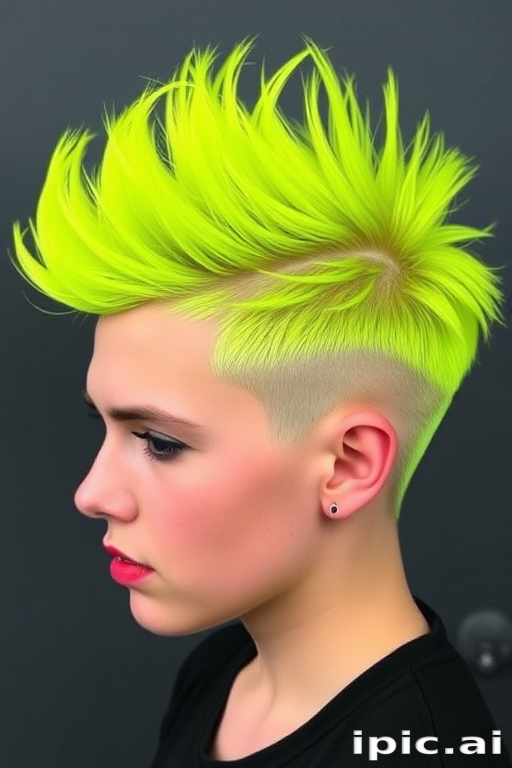 Electric Neon Buzz features a bold, asymmetrical undercut with vibrant yellow-green hair on top, styled in spiky tufts that seem to crackle with energy